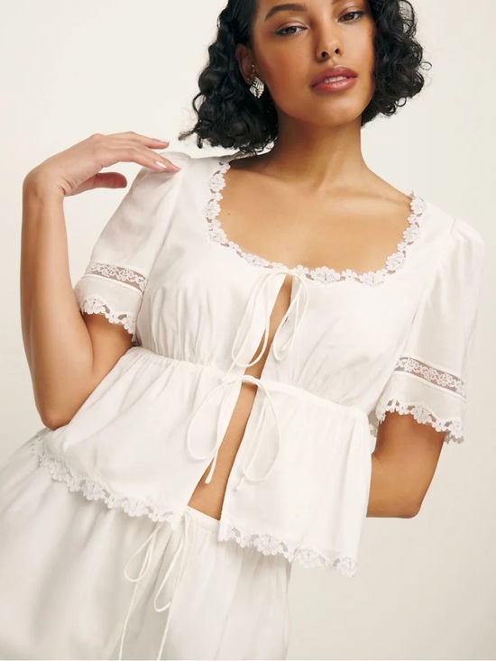 Reformation Tops - Reformation White Lace-Trim Tie-Front Peplum Top